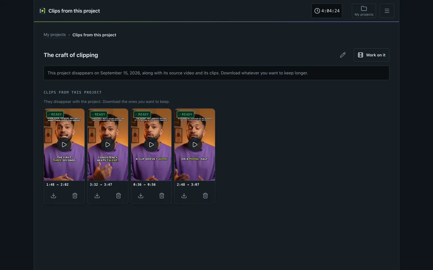 The four finished clips in ClipFinish, ready to download