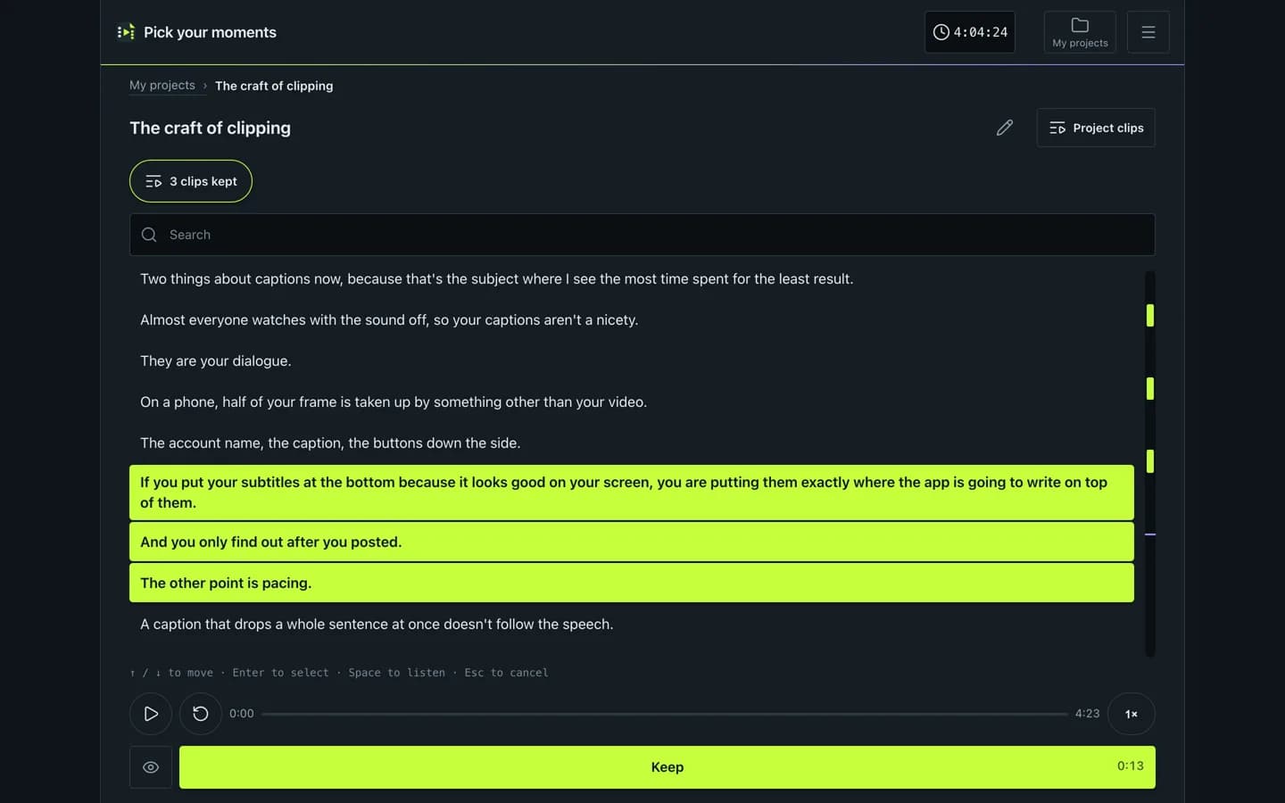 A podcast transcript in ClipFinish, with four stretches kept