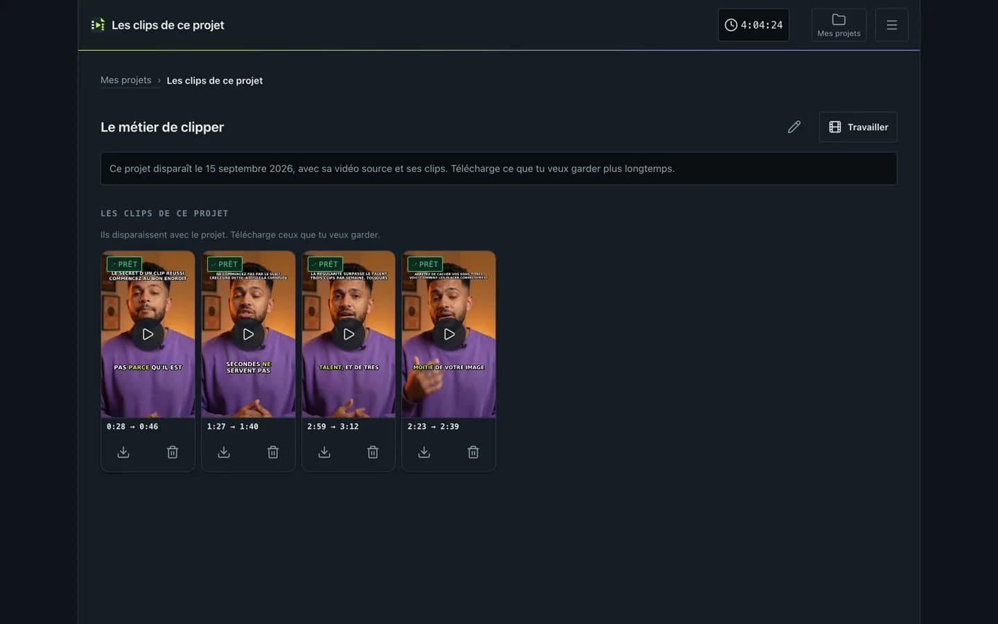 Les quatre clips finis dans ClipFinish, prêts à télécharger