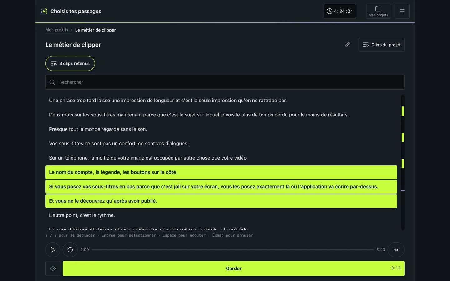 Le transcript d'un podcast dans ClipFinish, avec quatre passages retenus