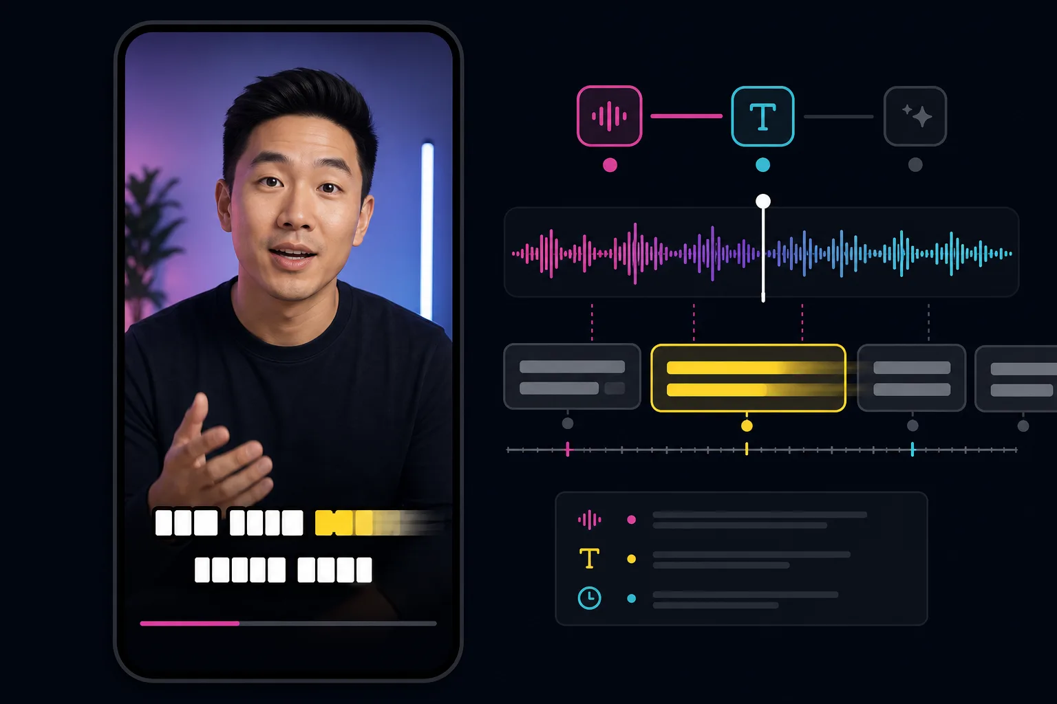 A vertical short with bold animated captions and a highlighted keyword, next to a waveform timeline showing caption timing.