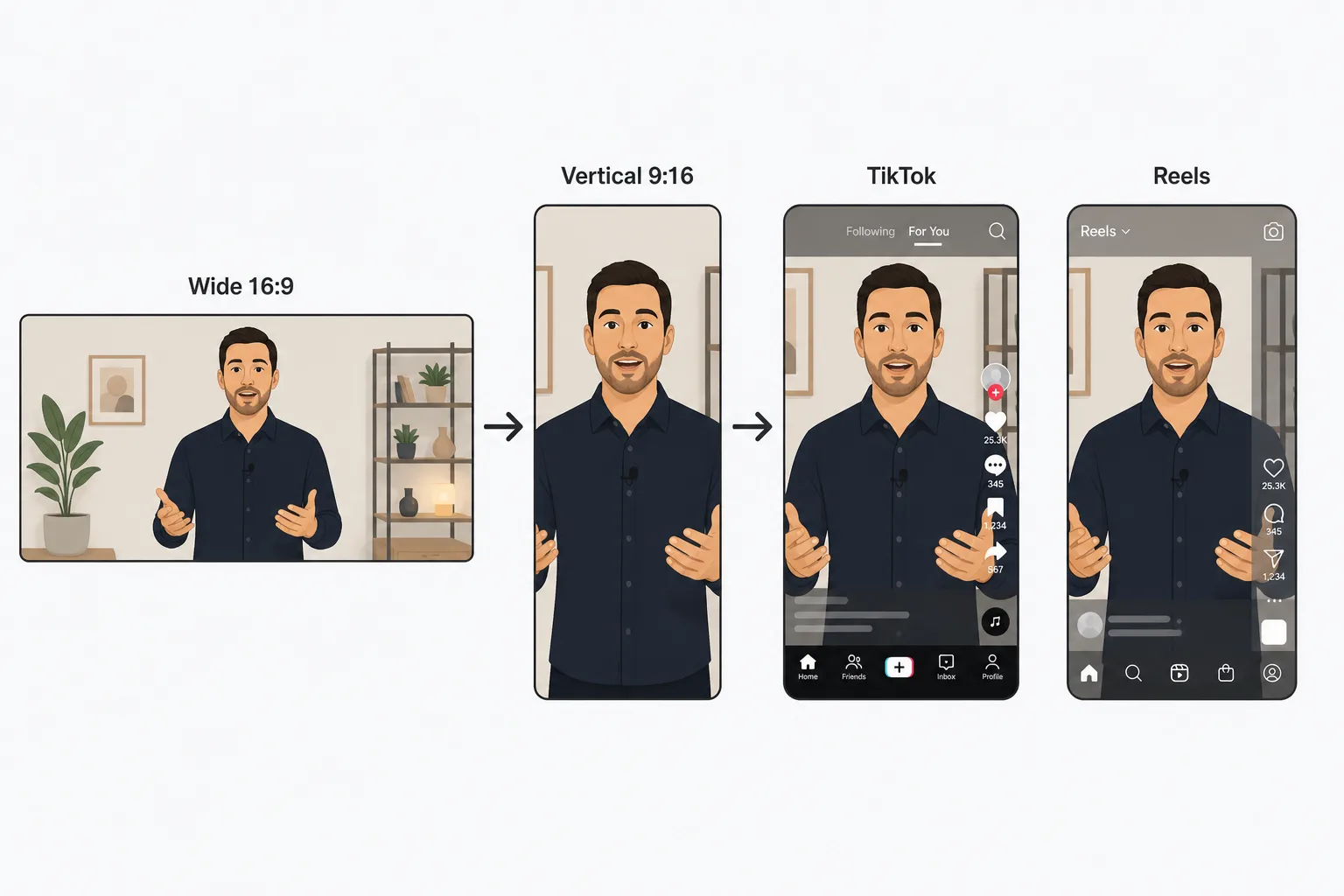 Un schéma de flux du recadrage d'une source 16:9 en cadre de téléphone 9:16 : à gauche le plan horizontal, au milieu la coupe verticale avec le sujet centré, et à droite le même cadre dans deux applis où des interfaces différentes recouvrent le haut, le bas et le bord droit.