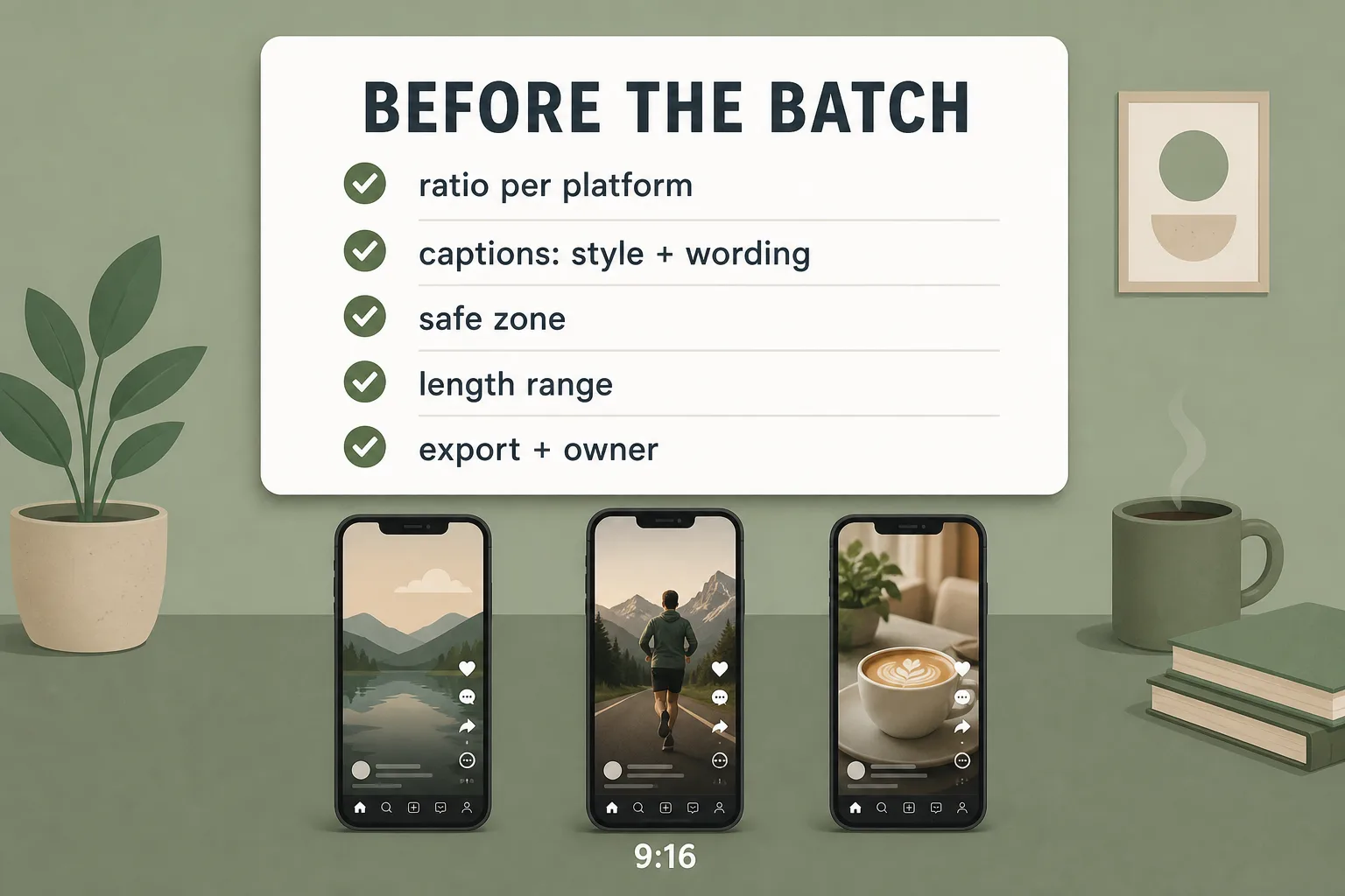 A checklist card titled ‘Before the batch’ with five ticked lines — ratio per platform, captions style and wording, safe zone, length range, export and owner — above three vertical phone screens annotated 9:16.