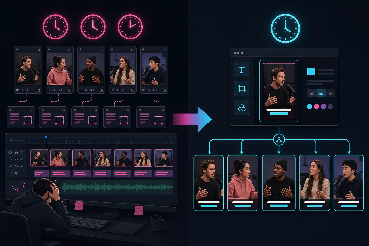 A side-by-side comparison: manual editing of each clip with many separate windows and hours of work versus one reusable template that produces many clips in minutes.