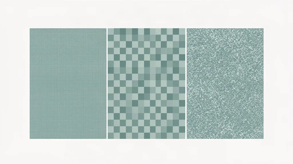 Une image vidéo divisée en trois panneaux montrant trois niveaux de détail, d'une texture fine à gauche à une texture grossière et bruitée à droite, pour illustrer la perte de qualité à chaque encodage.