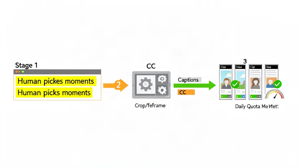 Une chaîne de clips en trois étapes : une personne surligne des moments dans un transcript, une machine applique recadrage et sous-titres (« CC ») à tout le lot, et trois clips verticaux finis identiques sortent, avec un indicateur « objectif du jour atteint ».