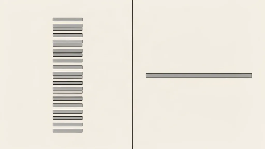 Two halves split by a vertical line: on the left a tall stack of small bars, one per clip processed; on the right a single long flat bar, the same monthly bill whatever the volume