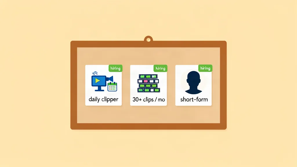 Un tableau d'offres avec trois postes de clipper ouverts — « daily clipper », « 30+ clips / mo », « short-form » — chacun étiqueté « hiring », qui montre la demande récurrente des opérateurs.