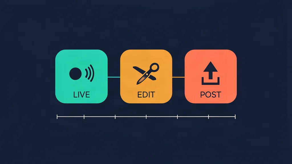 Diagram: three panels labelled LIVE, EDIT and POST joined in a row above a timeline bar — the steps that sit between a stream ending and a clip going live