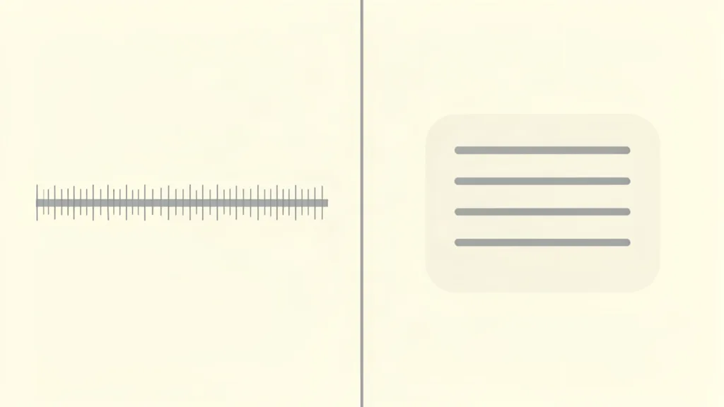 Split by a vertical line: a long bar crossed by fine tick marks on the left, a card of four text lines on the right, the timeline view against the transcript view.