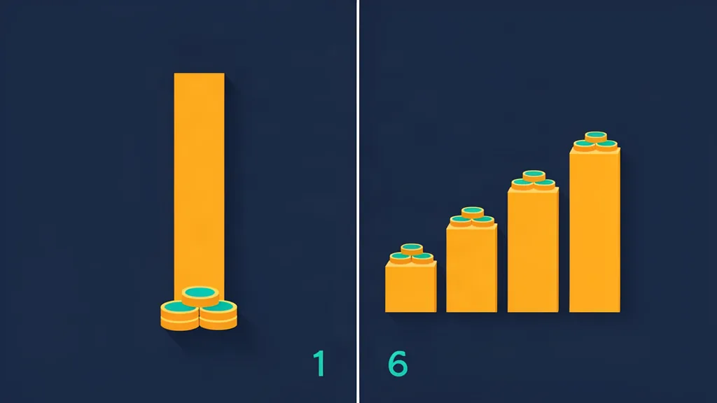 Before and after comparison: on the left one very tall bar with only two coins at its base, on the right six shorter bars rising like a staircase, each topped with three coins — one viral clip versus a steady flow of approved clips.