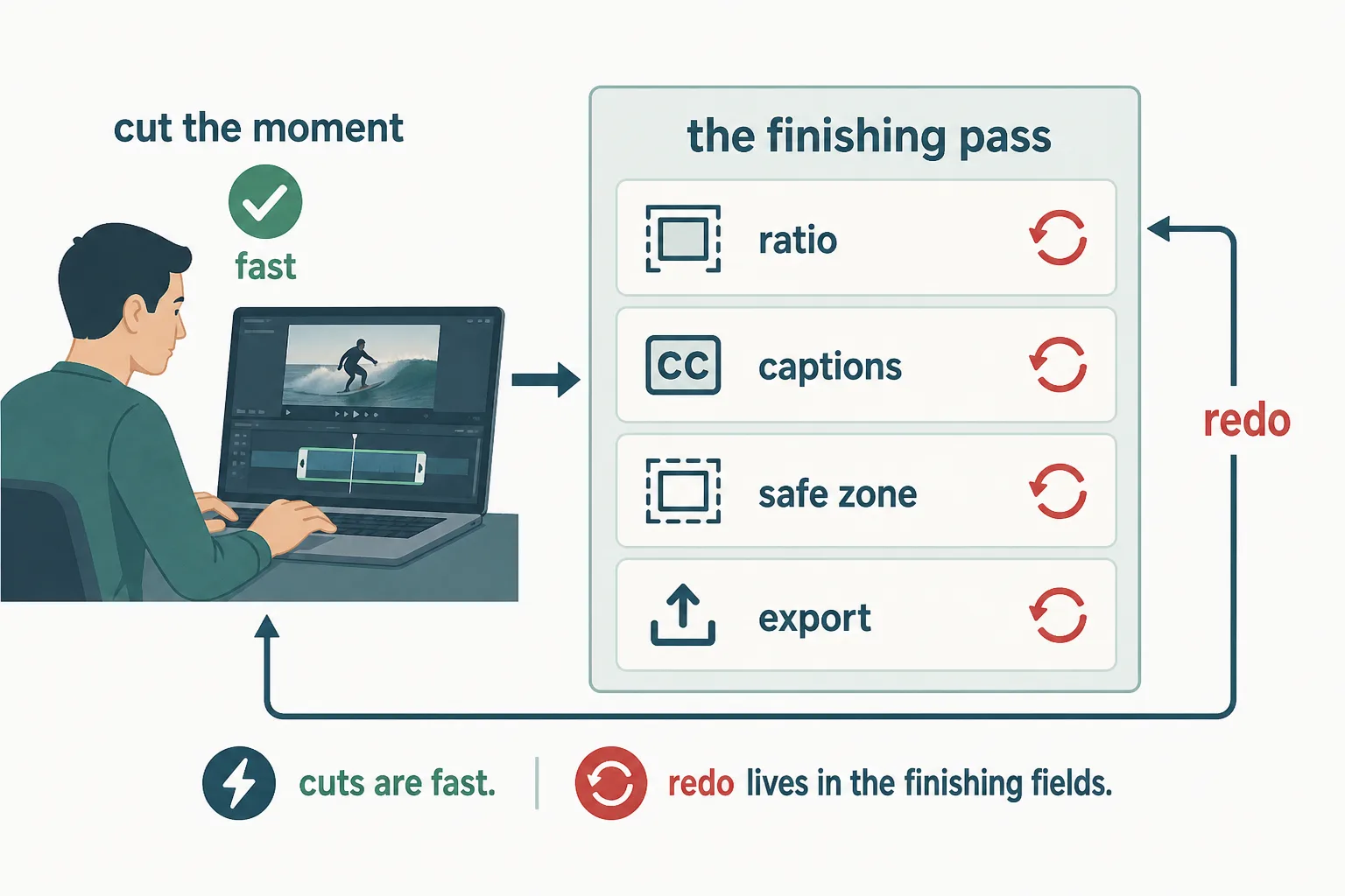 A flow diagram of clip production: cutting the moment is fast with a green check, but the finishing pass — ratio, captions, safe zone, export — each carries a red redo icon, with a return arrow labelled ‘redo’ showing where clip rework actually lives.
