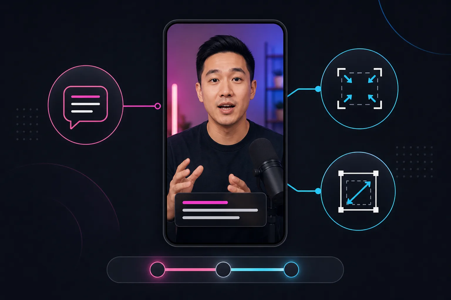 A vertical short surrounded by icons for captions, auto-reframing and resizing, representing the repetitive eighty percent of short-video editing.
