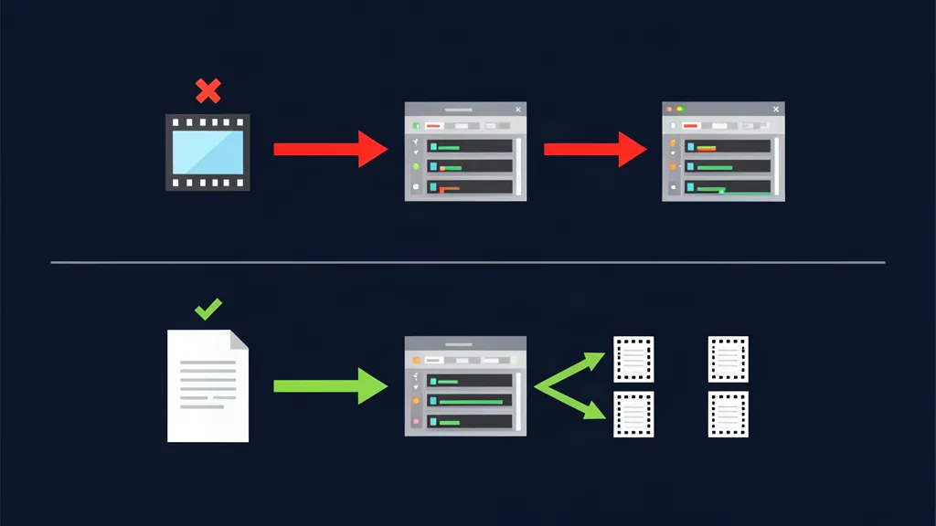 Two-row flowchart: a red cross over one clip rebuilt on timeline after timeline; a green check over one spec sheet feeding a single timeline that yields three exported clips.