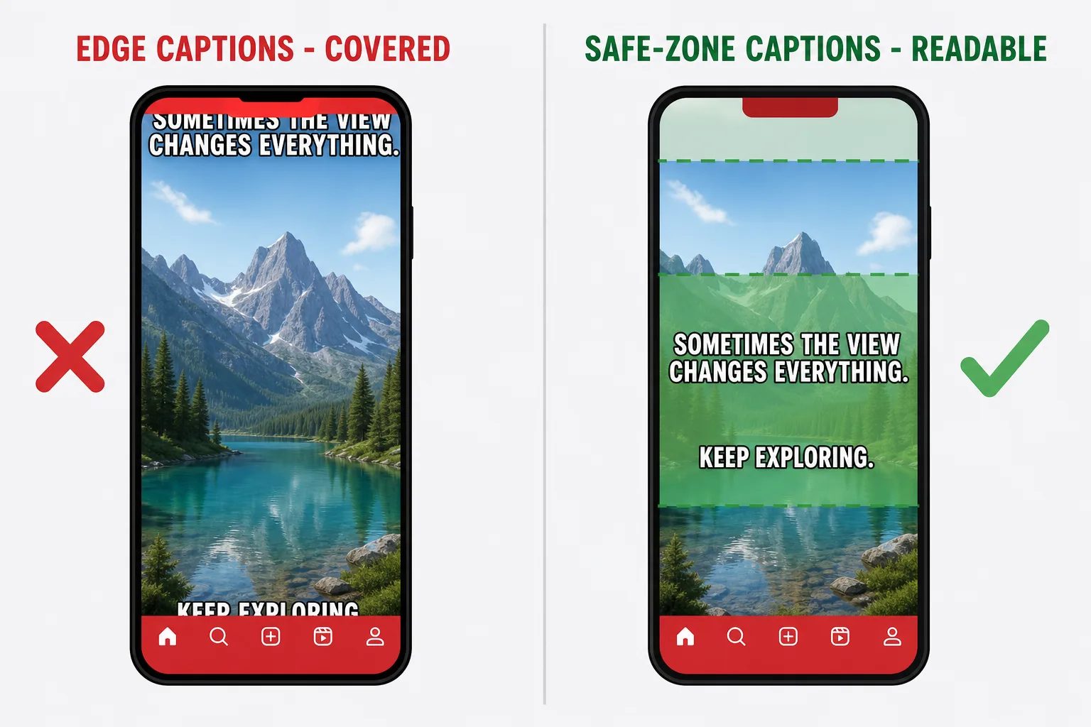Before/after of caption placement: left phone has captions touching the top and bottom edges, covered by the notch and the UI bar with red X marks; right phone has captions inside the middle green safe band with a green checkmark.