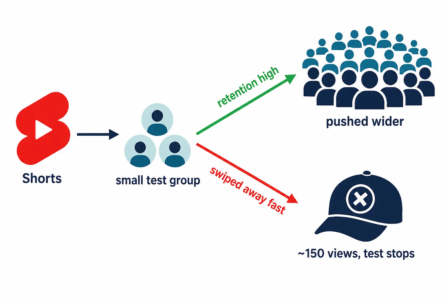 Schéma du test de recommandation : un Short part vers un petit groupe test d'audience, qui se divise entre un chemin vert « rétention forte, portée élargie » et un chemin rouge « balayé vite, ~150 vues ».
