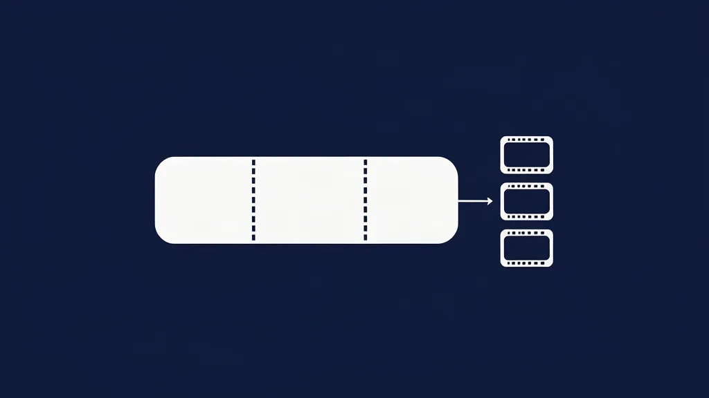 A long film strip split into three segments by dashed lines, feeding a column of three separate finished clips