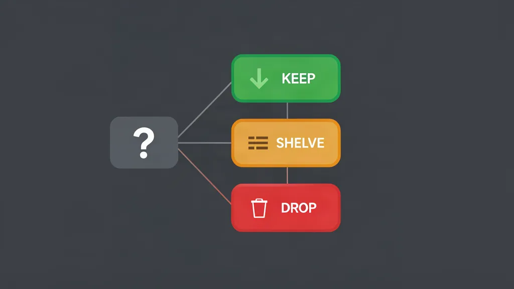 Decision tree for a backlog: one question mark branches into three boxes labelled KEEP, SHELVE and DROP, coloured green, amber and red.