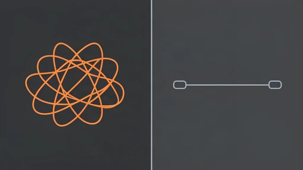 Two halves: a tangled line on the left, one straight line between two devices on the right