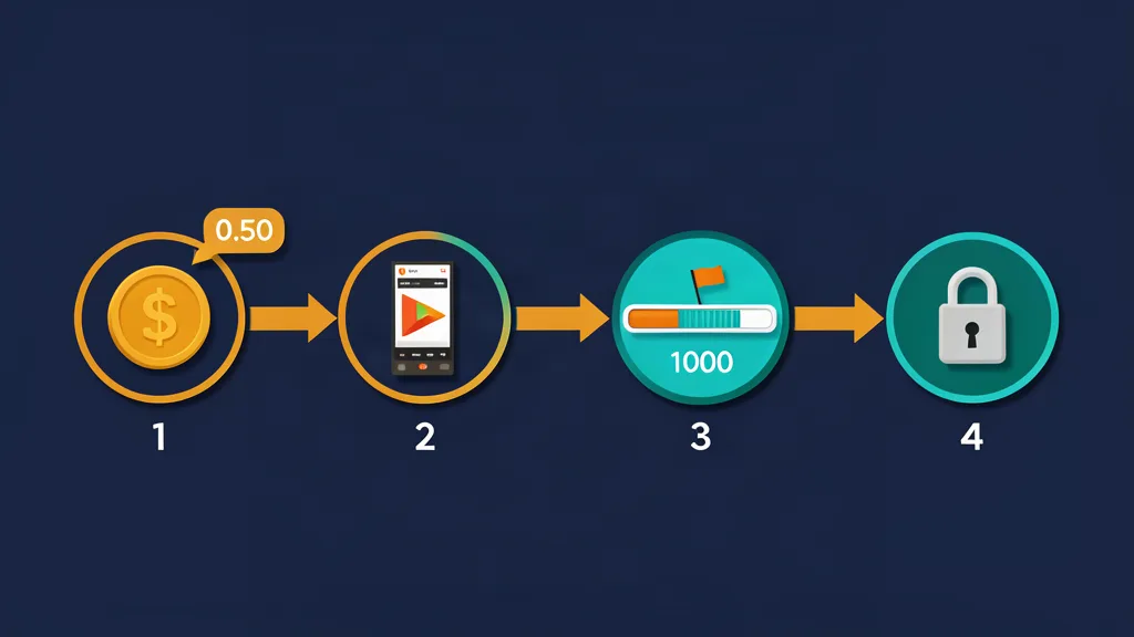 Four-step diagram of a clipping campaign payout: a coin with the reward rate, a vertical video card with its view counter, a half-filled progress bar stopped by a flag at 1,000, then a closed padlock.