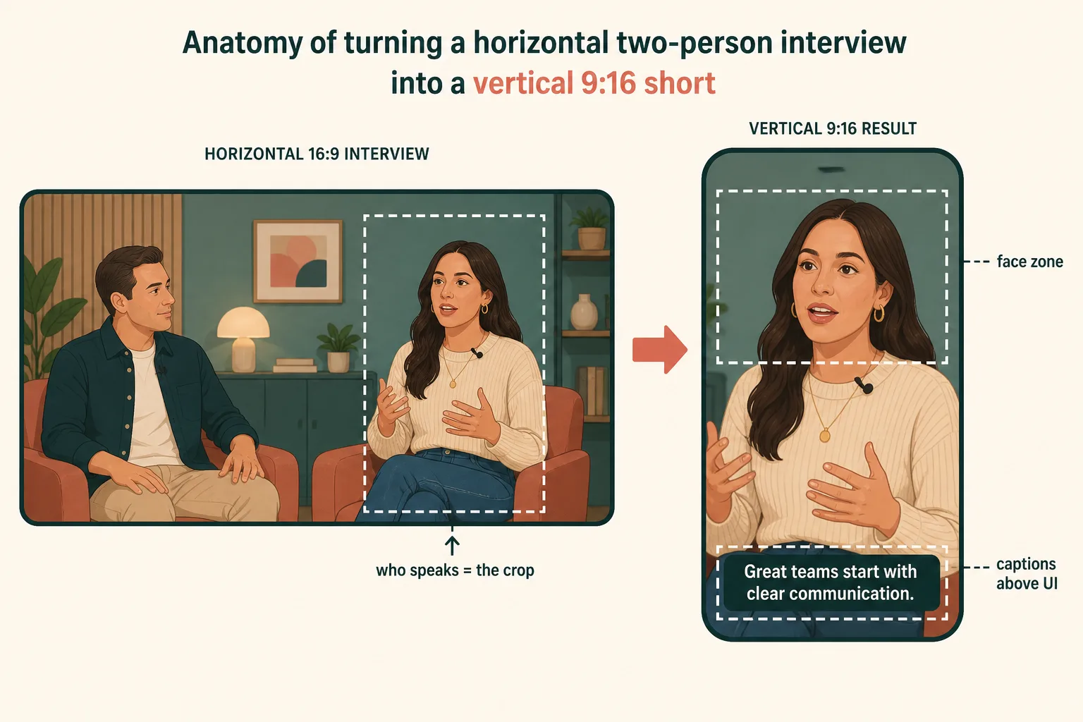 Anatomie d'un recadrage vertical 9:16 sur une interview : le plan large à deux personnes est recadré sur l'interlocuteur qui parle, dont le visage reste dans la zone sûre haute et dont les sous-titres passent au-dessus de l'interface.