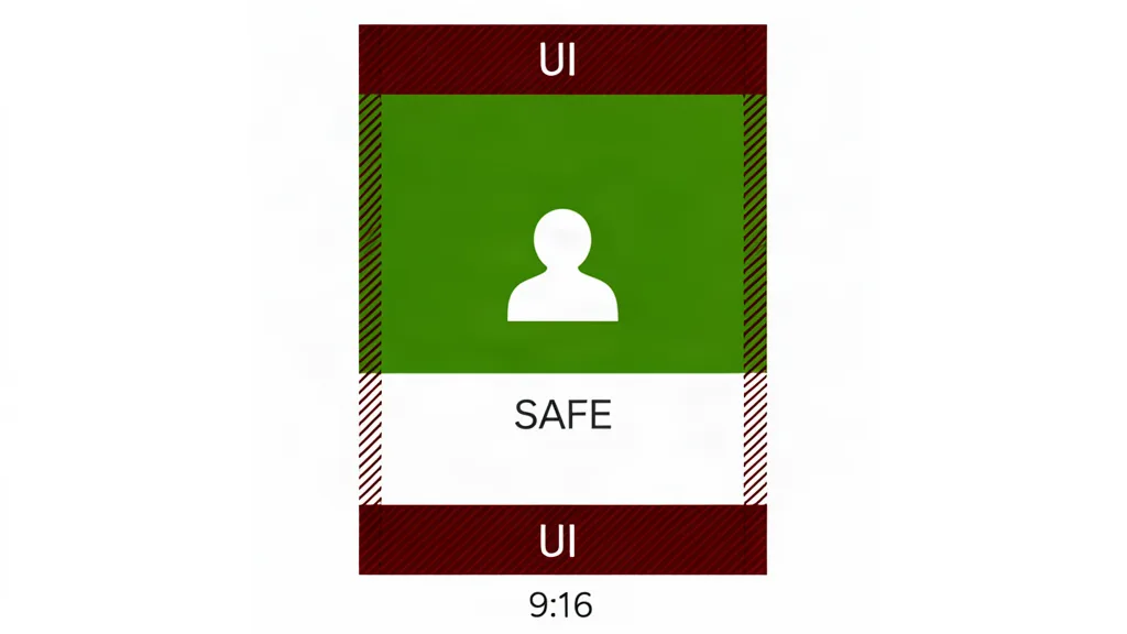 Schéma d'un canevas 9:16 : zones d'interface du téléphone hachurées en rouge et marquées UI, zone centrale verte sûre où doivent vivre les sous-titres.