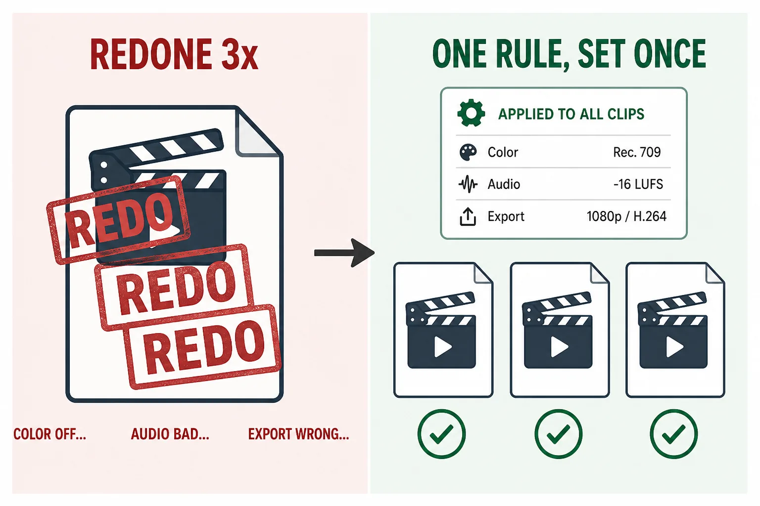 Before and after: on the left a single clip file stamped ‘REDONE 3x’ with three red redo stamps; on the right a settings card marked ‘applied to all clips’ sits above three identical finished clips, each with a green check.