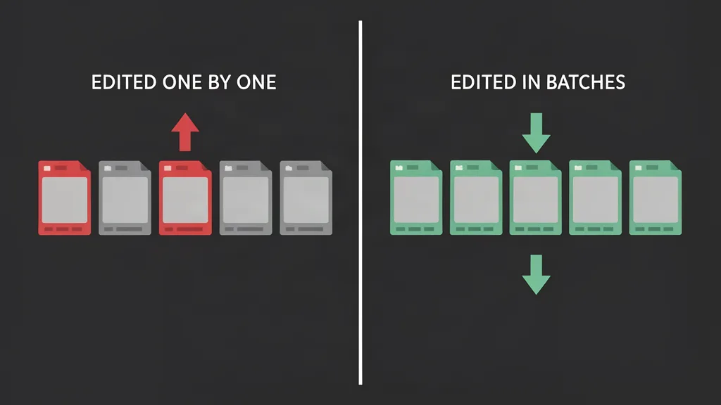 Before and after: editing clips one by one makes the queue grow (red rising arrow); editing in batches makes it shrink (green arrows).