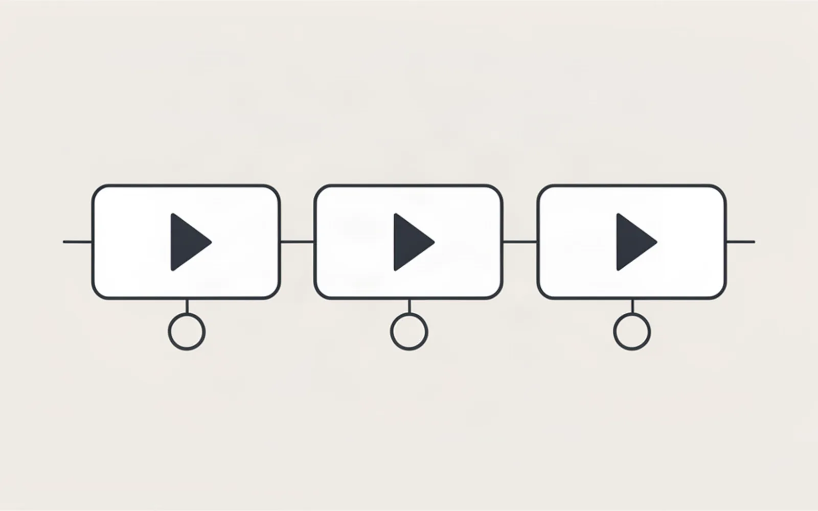 Three identical video clip cards in a row, each carrying the same small circular tag below it, to show that every clip costs the same unit of work and money