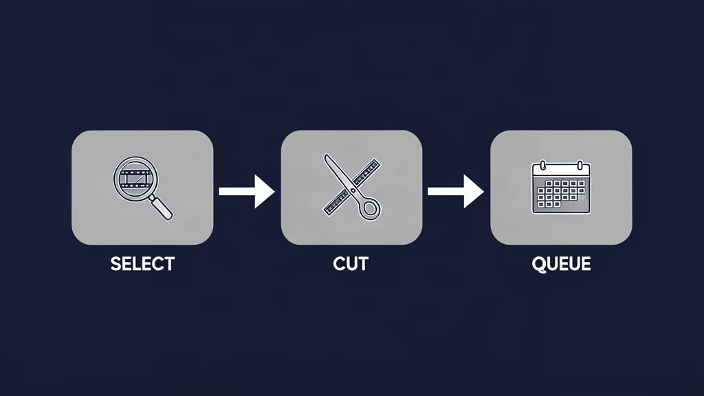 Three-stage flow diagram: a magnifying glass over a film strip labelled SELECT, scissors labelled CUT, and a calendar labelled QUEUE, joined by arrows.