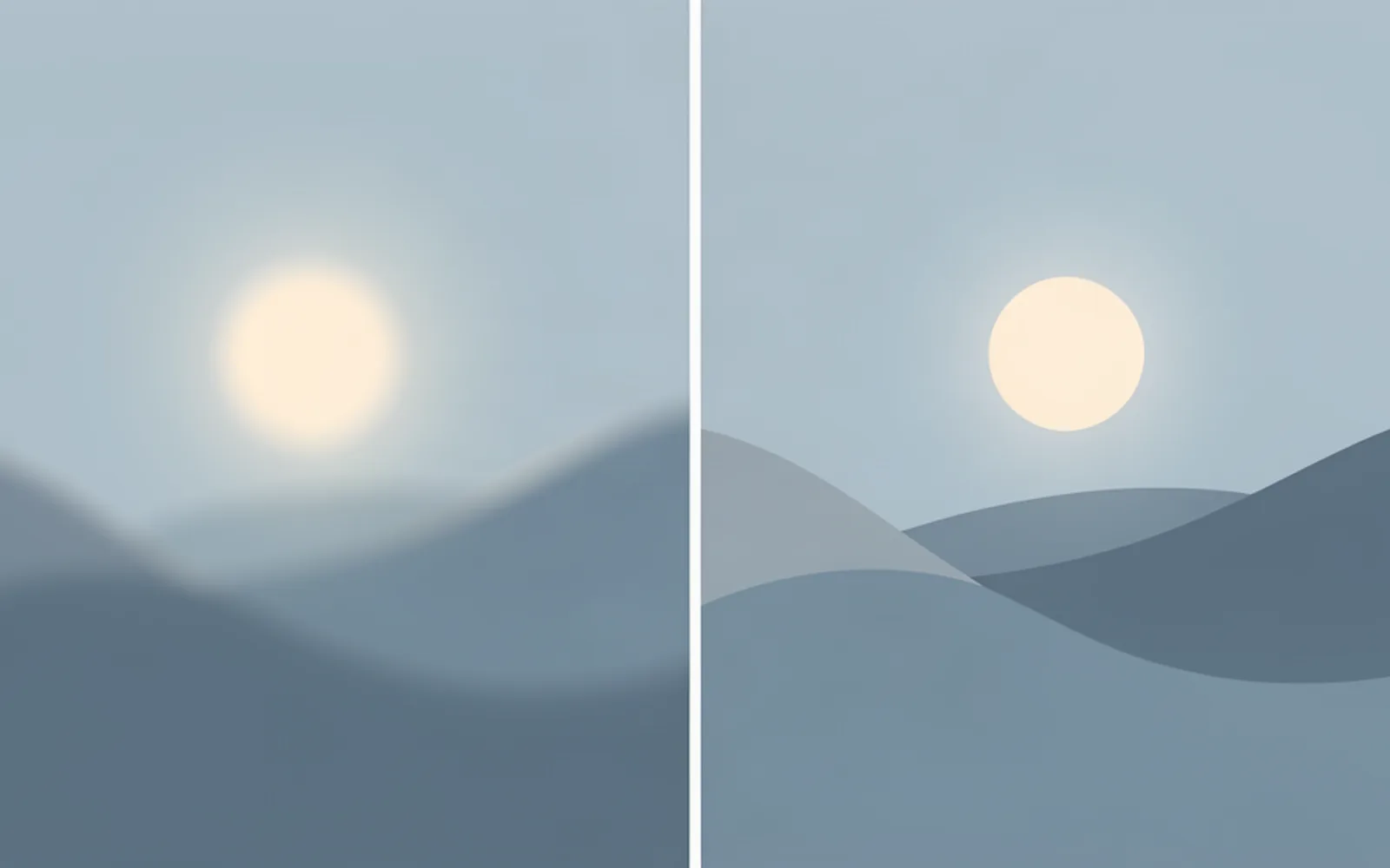 Illustration en deux moitiés séparées par un trait vertical : à gauche une scène très floue, à droite la même scène nette et détaillée.